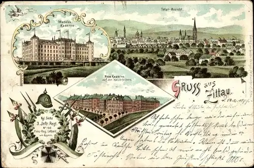 Litho Zittau in der Oberlausitz, Mandaukaserne, Neue Kaserne auf den Kaiserfeldern