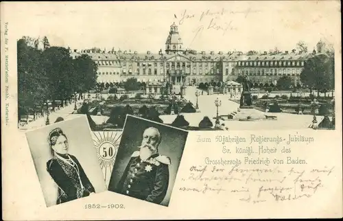 Ak Karlsruhe in Baden, Schloss, 50 jähriges Regierungsjubiläum, Portraits v. Herzog und Herzogin
