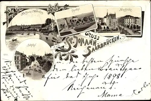 Litho St Johann Saarbrücken im Saarland, Alte Brücke, Winterberg, Ehrenthal, Neue Brücke, Bahnhof
