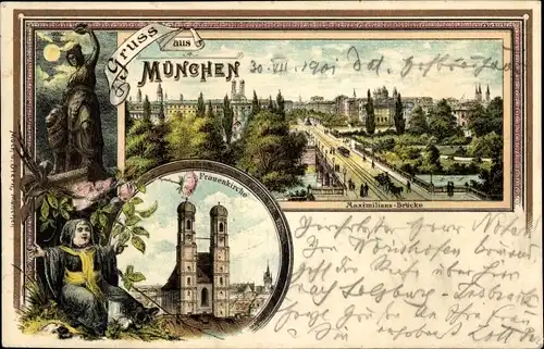 Litho München, Maximiliansbrücke, Frauenkirche, Mönche