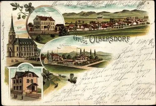 Litho Olbersdorf in Sachsen, Kirche, Totale, Schule, Kaltenstein