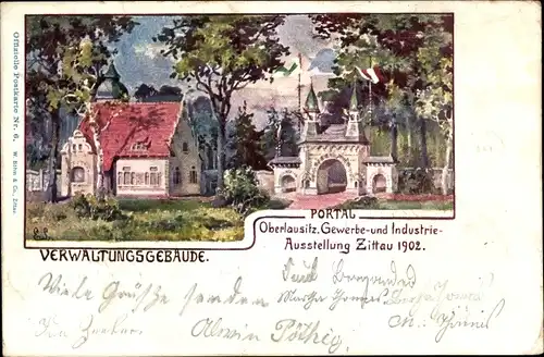 Ak Zittau in der Oberlausitz, Gewerbe- u. Industrieaustellung 1902, Verwaltungsgebäude, Portal