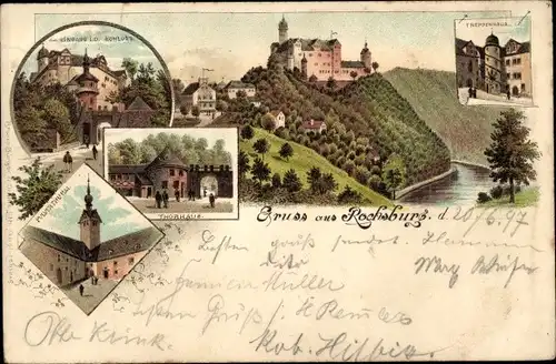 Litho Rochsburg Lunzenau in Sachsen, Thorhaus, Schloss, Pulverturm, Treppenhaus