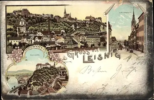 Litho Leisnig in Sachsen, Totale, Kirchgasse, Schloss