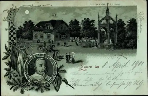 Mondschein Litho Lützen im Burgenlandkreis, Gustav Adolf von Schweden, Denkmal