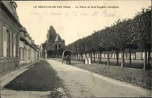 Ak La Neuville en Hez Oise, La Place, Rue Eugene-Corbillon