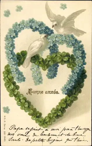 Litho Glückwunsch Neujahr, Tauben, Glücksklee, Vergissmeinnicht, Hufeisen