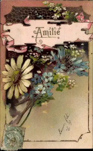 Präge Ak Blumen, Vergissmeinnicht, Margeriten, Kitsch