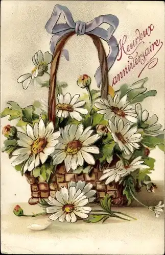 Präge Ak Glückwunsch, Margeriten im Korb, Blumenkorb