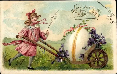 Präge Litho Glückwunsch Ostern, Mädchen, Osterei, Veilchen, Schubkarre, Weidenkätzchen