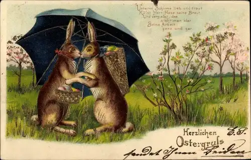 Präge Glitzer Litho Glückwunsch Ostern, Liebespaar, Osterhasen unter einem Schirm