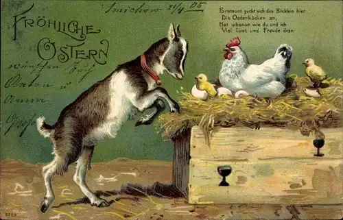 Präge Litho Glückwunsch Ostern, Henne, Küken, Junge Ziege