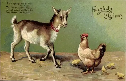 Präge Ak Glückwunsch Ostern, Ziege, Henne, Küken
