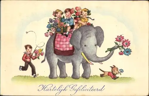 Ak Glückwunsch, Elefant, Kinder, Blumen, Hund