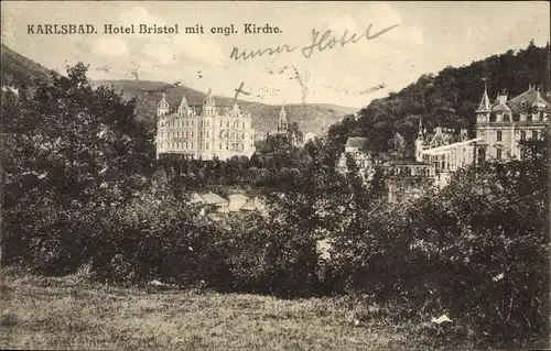 Ak Karlovy Vary Karlsbad Stadt, Hotel Bristol, engl. Kirche