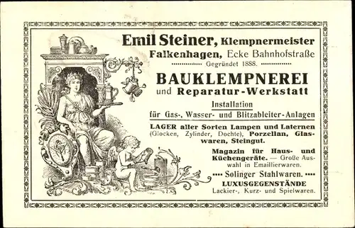 Ak Falkenhagen in der Mark, Emil Steiner Klempnermeister, Bauklempnerei, Ecke Bahnhofstraße