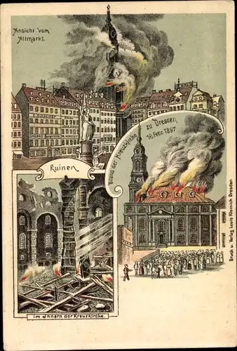 Litho Dresden Altstadt, Brand der Kreuzkirche 1897, Ruinen, Inneres, Altmarkt