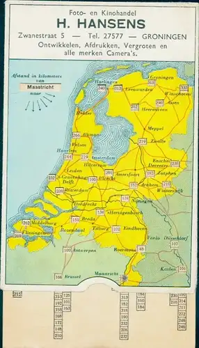 Mechanische Landkarten Ak Groningen Niederlande, Fotohandel H. Hansen, Entfernungsangaben