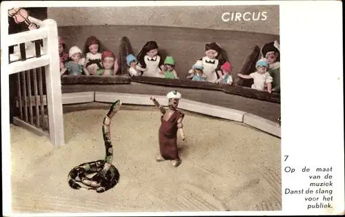 Ak Zirkus, Manege, Holzfiguren, Schlangenbeschwörer