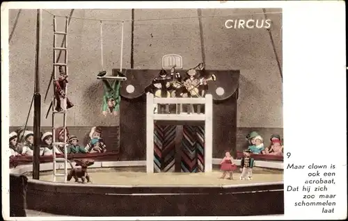 Ak Zirkus, Manege, Holzfiguren, Clown, Akrobaten