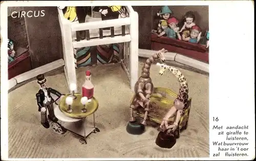 Ak Zirkus, Manege, Holzfiguren, Giraffe, Kellner