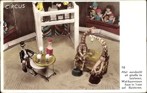 Ak Zirkus, Manege, Holzfiguren, Giraffe, Kellner