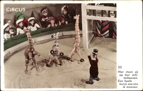 Ak Zirkus, Manege, Holzfiguren, Tierdressur, Zebra, Giraffe
