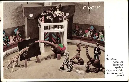 Ak Zirkus, Manege, Holzfiguren, Tiere, Schule, Elefant, Zebra, Giraffe