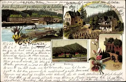 Litho Dresden Pillnitz, Restaurant Maixmühle, Meixmühle, Ruine, Borsberg, Schloss