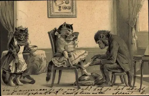 Litho Vermenschlichte Tiere, Schimpanse schneidet Katze die Krallen, Dienstmädchen