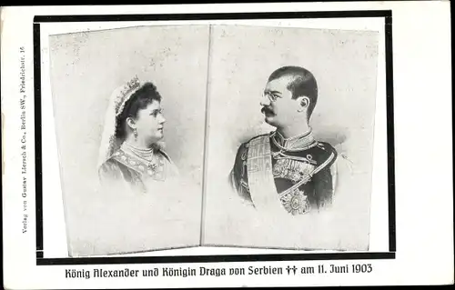 Ak Porträt König Alexander von Serbien, Königin Draga, Trauerkarte zum Tod 1903