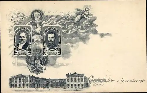Litho Compiègne Oise, Zar Nikolaus II. von Russland, Emile Loubet, Staatsbesuch am 20. Sept. 1901