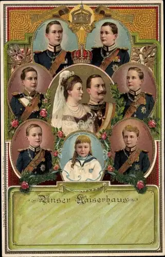 Präge Litho Unser Kaiserhaus, Kaiser Wilhelm II. von Preußen, Kaiserin Auguste Viktoria, Kinder