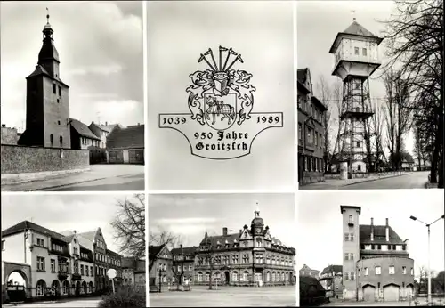 Ak Groitzsch in Sachsen, Stadtturm, Wasserturm, Hotel Weißes Roß, Rathaus, Gerätehaus der FFW