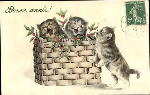 Litho Glückwunsch Neujahr, Drei junge Katzen, Korb, Stechpalmenzweige