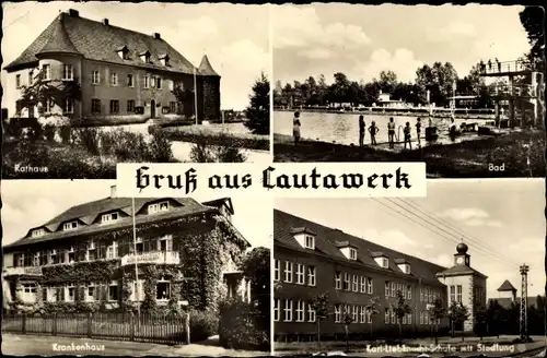 Ak Lautawerk Lauta in der Lausitz, Krankenhaus, Rathaus, Bad, Karl Liebknecht Schule, Siedlung