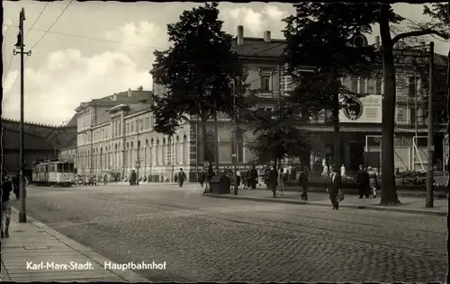 Ak Karl Marx Stadt Chemnitz in Sachsen, Hauptbahnhof, Straßenbahn