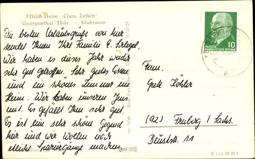 Ak Georgenthal Thüringer Wald, FDGB Ferienheim Clara Zetkin, Klubraum