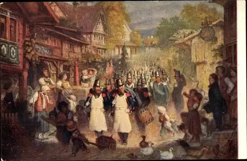 Künstler Ak Rittmeyer, E., Soldaten durch ein St. Gallisches Dorf marschierend