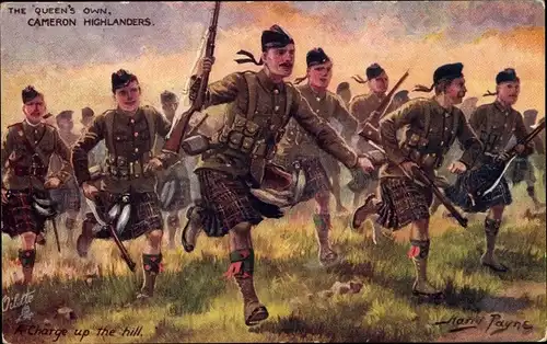 Künstler Ak Payne, Harry, Cameron Highlanders, Schottische Soldaten beim Angriff