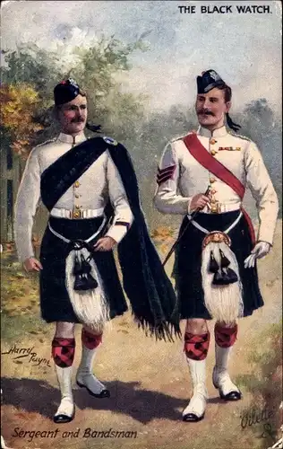 Künstler Ak Payne, Harry, The Black Watch, Sergeant and Bandsman, Männer in Schottenröcken