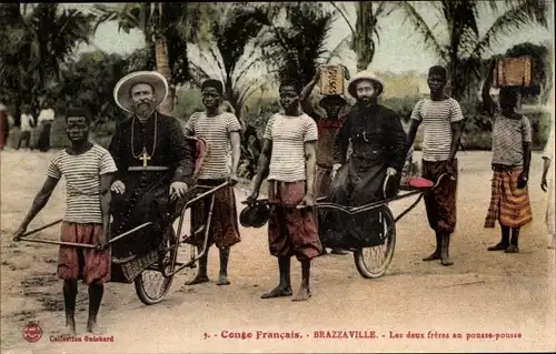 Ak Brazzaville Französisch Kongo, Ordensbrüder der Mission in Rikschas