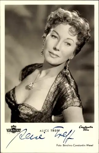 Ak Schauspielerin Alice Treff, Portrait, Autogramm, Schmuck, Ohrringe, Film Die heilige Lüge