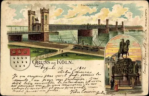 Litho Köln am Rhein, Eisenbahnbrücke, Friedrich Wilhelm Denkmal, Wappen