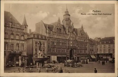 Ak Aachen in Nordrhein Westfalen, Markt mit Kaiser Karl-Denkmal