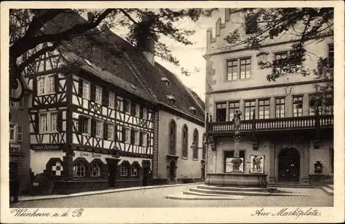 Ak Weinheim an der Bergstraße Baden, Marktplatz, Brunnen, Löwenapotheke