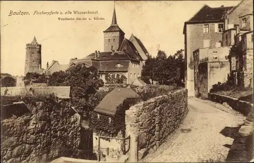 Ak Bautzen in der Oberlausitz, Fischerpforte, Alte Wasserkunst, Wendische Säule und Kirche