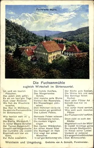 Ak Birkenauer Tal bei Birkenau im Odenwald, Die Fuchsenmühle, Gedicht A. Schmitt