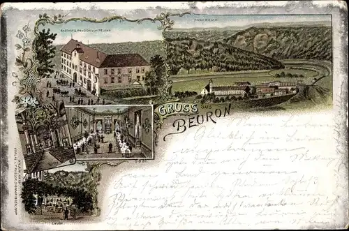 Litho Beuron an der Donau Württemberg, Gesamtansicht, Gasthof Pension, Kirche