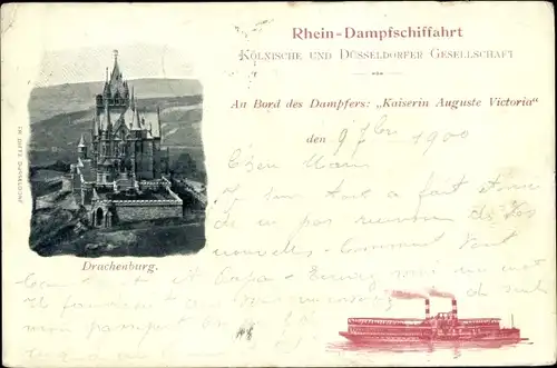 Ak Königswinter am Rhein, Drachenburg, Kölnisch Düsseldorfer Gesellschaft, Dampfer Frauenlob